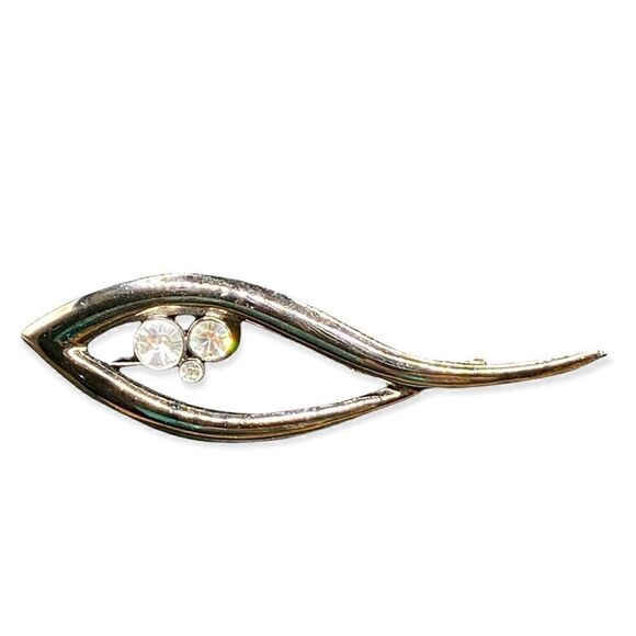 Black metal eye shaped brooch with 3 rhinestones intact - Picture 2 of 10